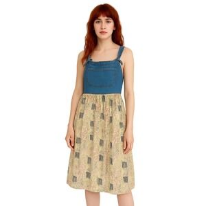 JANE ASHLEY 90s‎ Patchwork Print Floral Sundress Farmgirl Denim Bib Jumper Dress